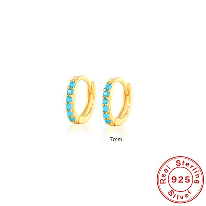 S925 Sterling Silver Circle Earrings with Turquoise and Diamond Inlay 18K Gold Plated Stud Earrings Jewelry