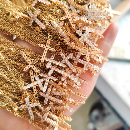 Stainless Steel Plated Genuine Gold Cross Pendant Necklace Full of Zircon Platinum 18K Gold Cross Necklace for Women